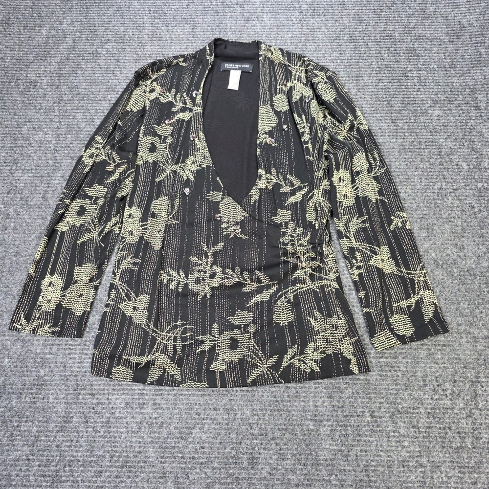 Jones New York Collection Floral Sequin Wrap Top Womens Size L Black Long Sleeve